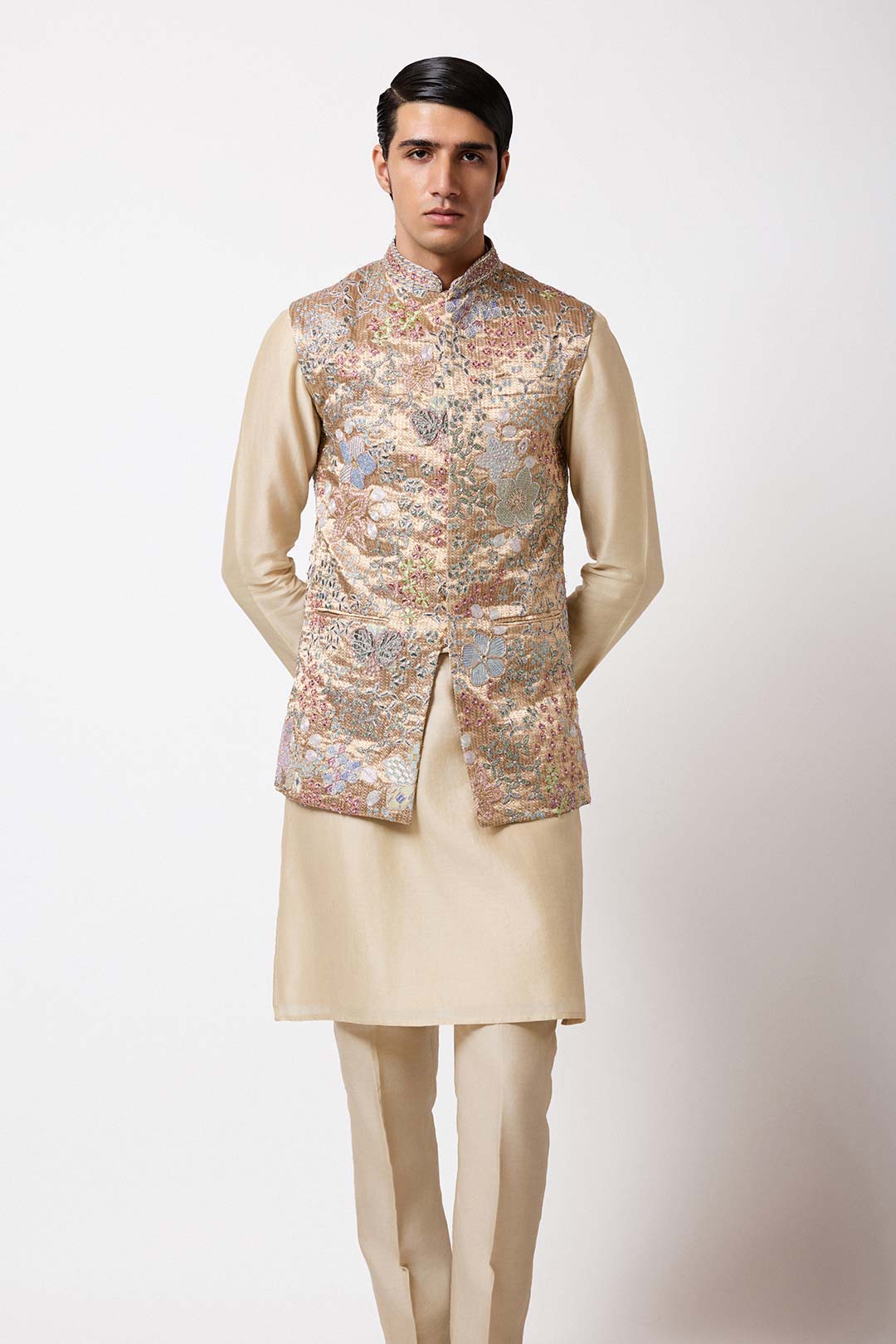 Applique detailing and button edge close-up right angle