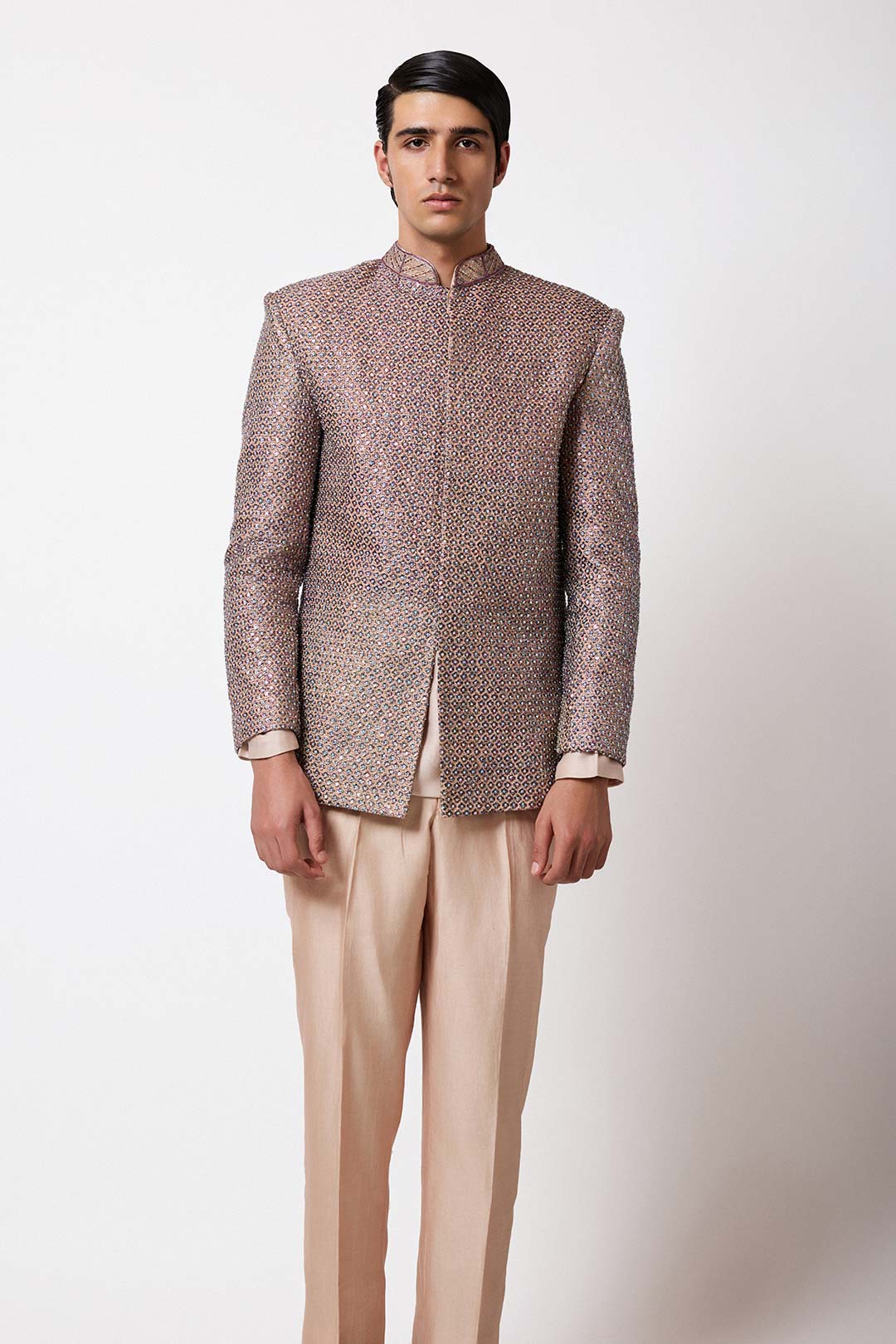 Woman wearing Aisha Rao Matilda Desert Gold Embellished Jaal Raw Silk Bandhgala