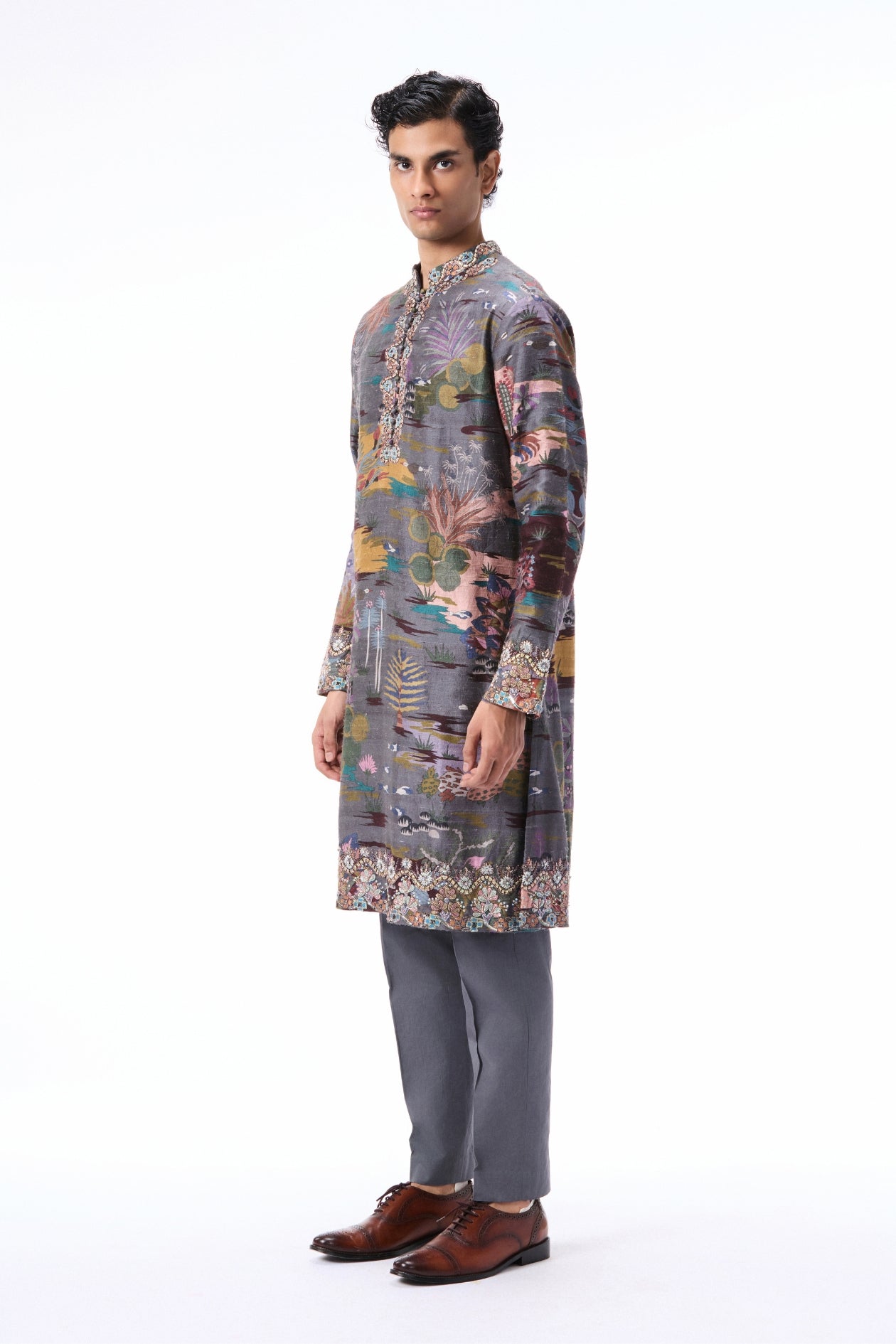 Starlure - gunmetal printed raw silk kurta