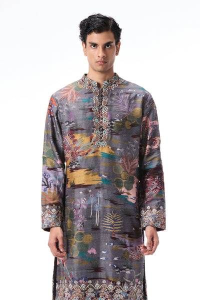 Neckline detail of the applique embellished gunmetal raw silk kurta.