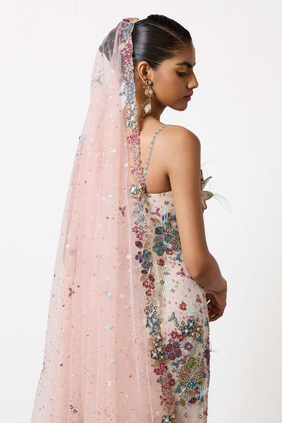 Back view of embellished ivory-blue dupatta and blouse