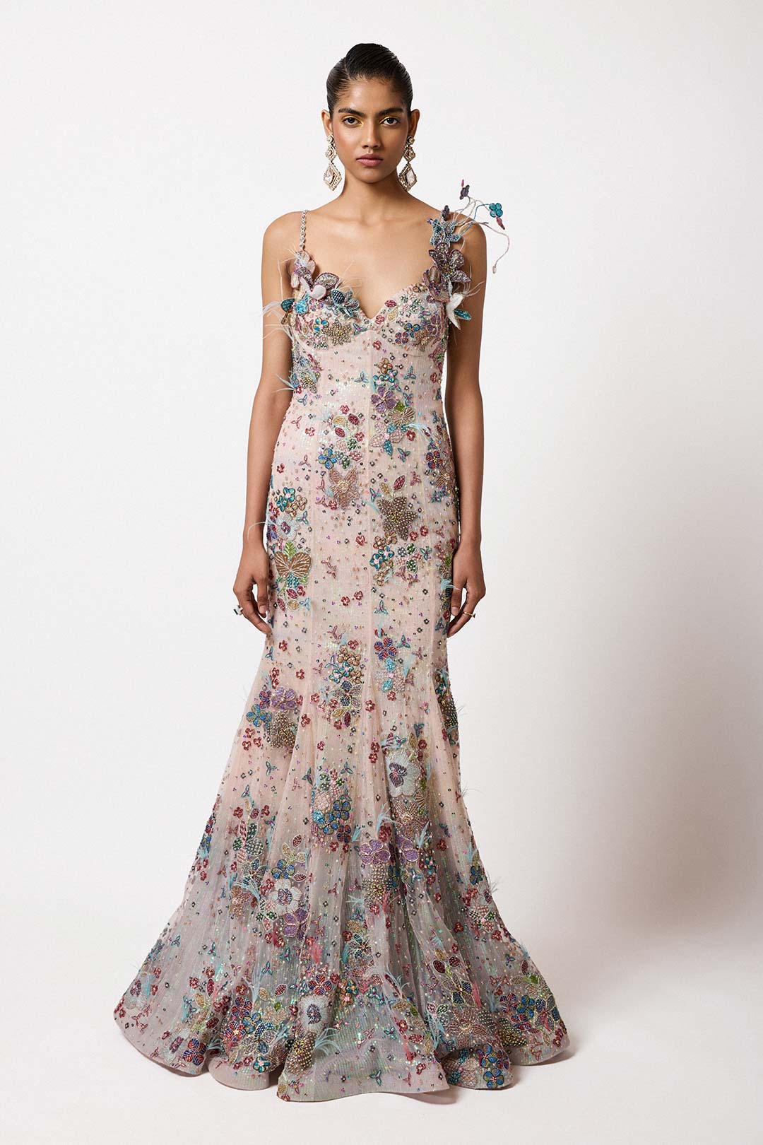 Woman wearing Aisha Rao Matilda Ivory- Blue Printed Applique Embellished Sequence