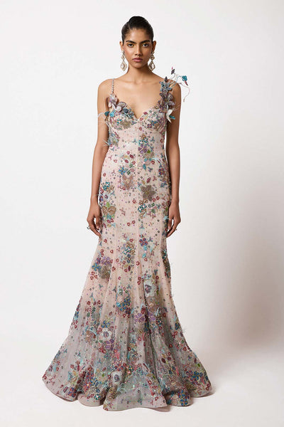 Woman wearing Aisha Rao Matilda Ivory- Blue Printed Applique Embellished Sequence