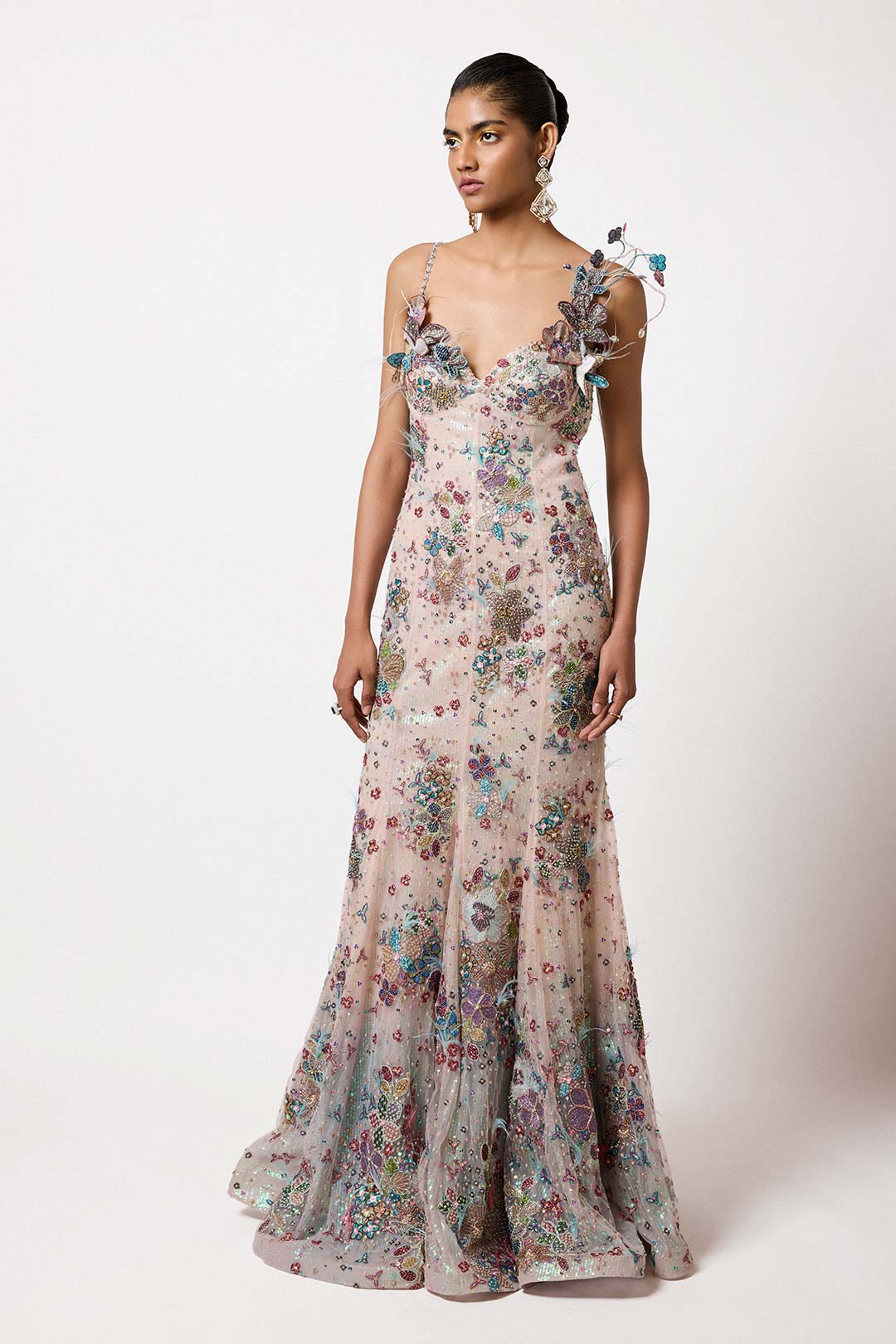 Aisha Rao lehenga in ivory and blue tones side profile