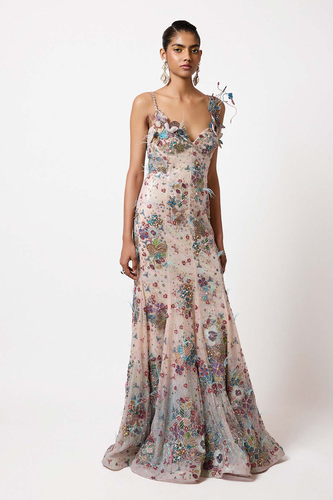 Woman wearing Aisha Rao ivory-blue embellished lehenga front