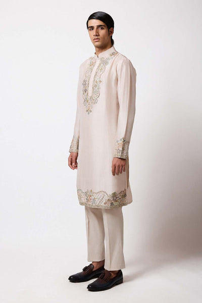 Dupion silk texture and embroidery detail front close-up