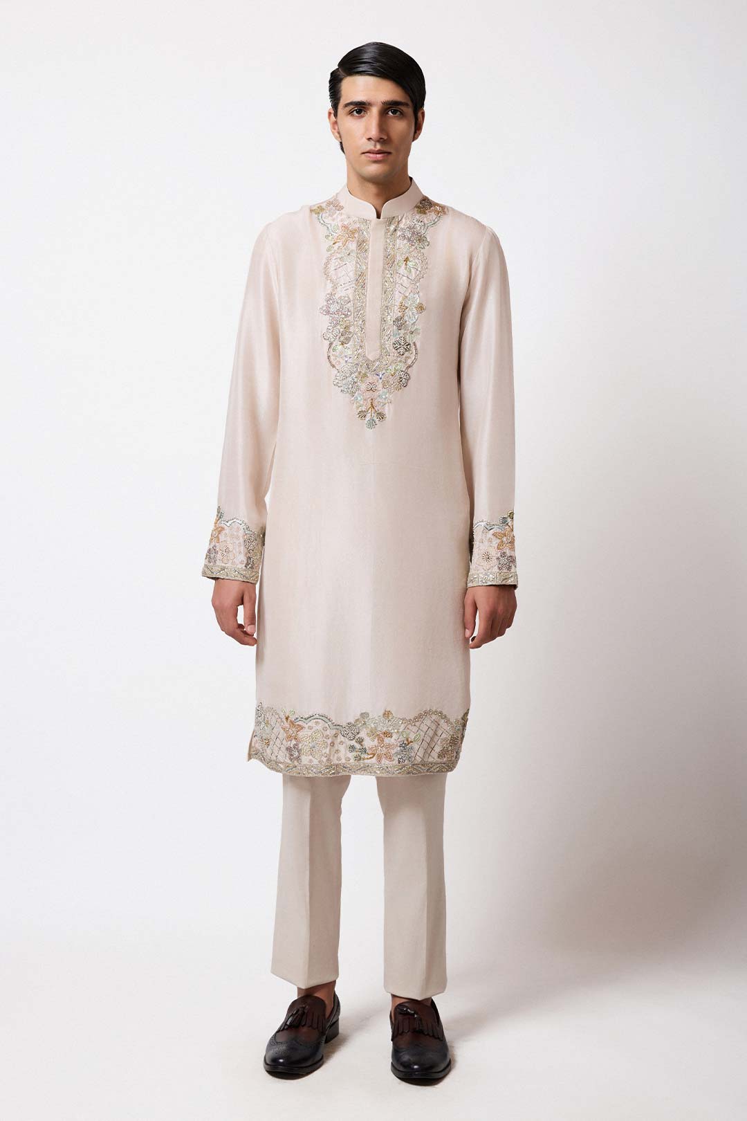 Woman wearing Aisha Rao Matilda Ivory Applique Embellished Dupion Silk Scallop