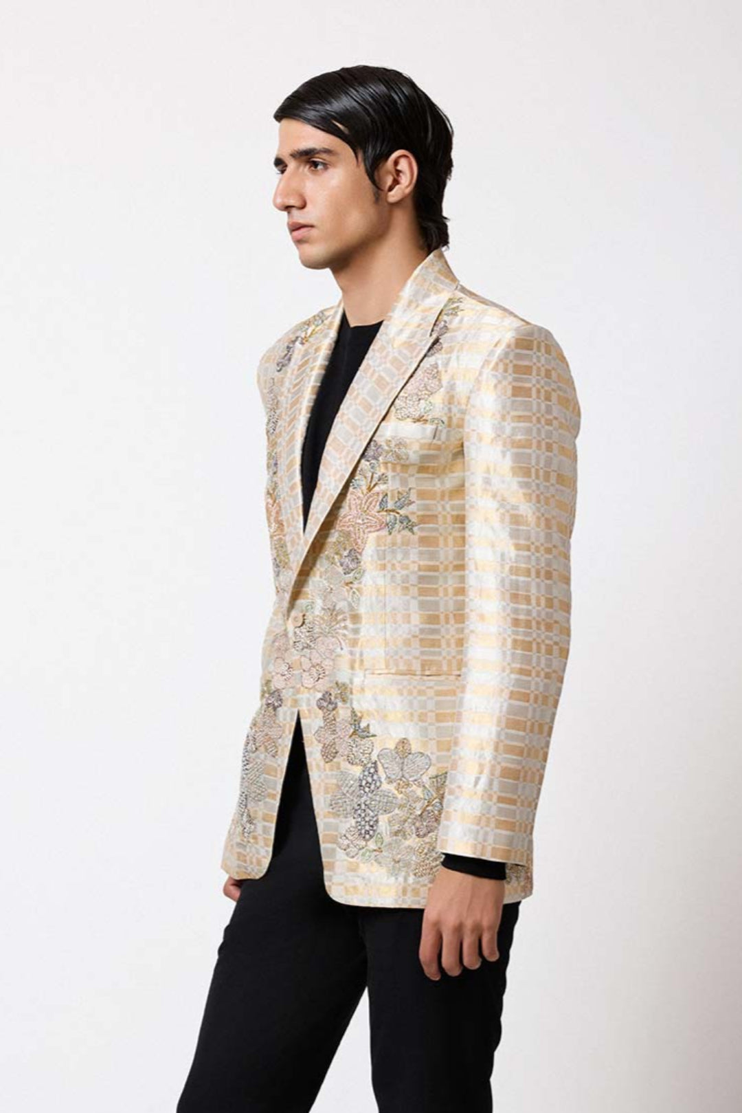 Gold applique and Banarasi fabric detail front close-up