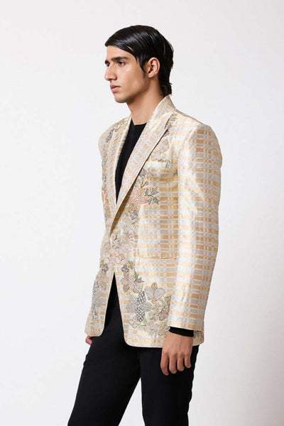 Gold applique and Banarasi fabric detail front close-up