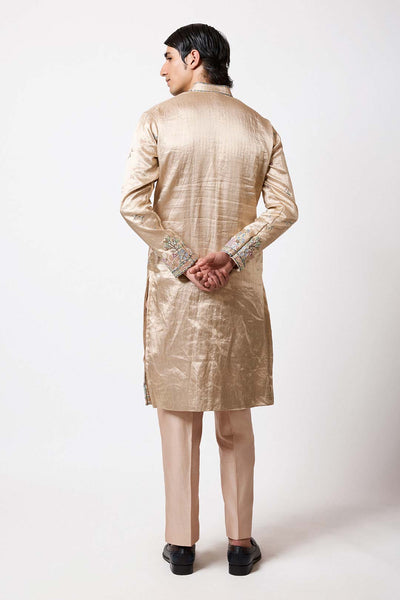 Rear view of Aisha Rao ivory gold brocade mens kurta