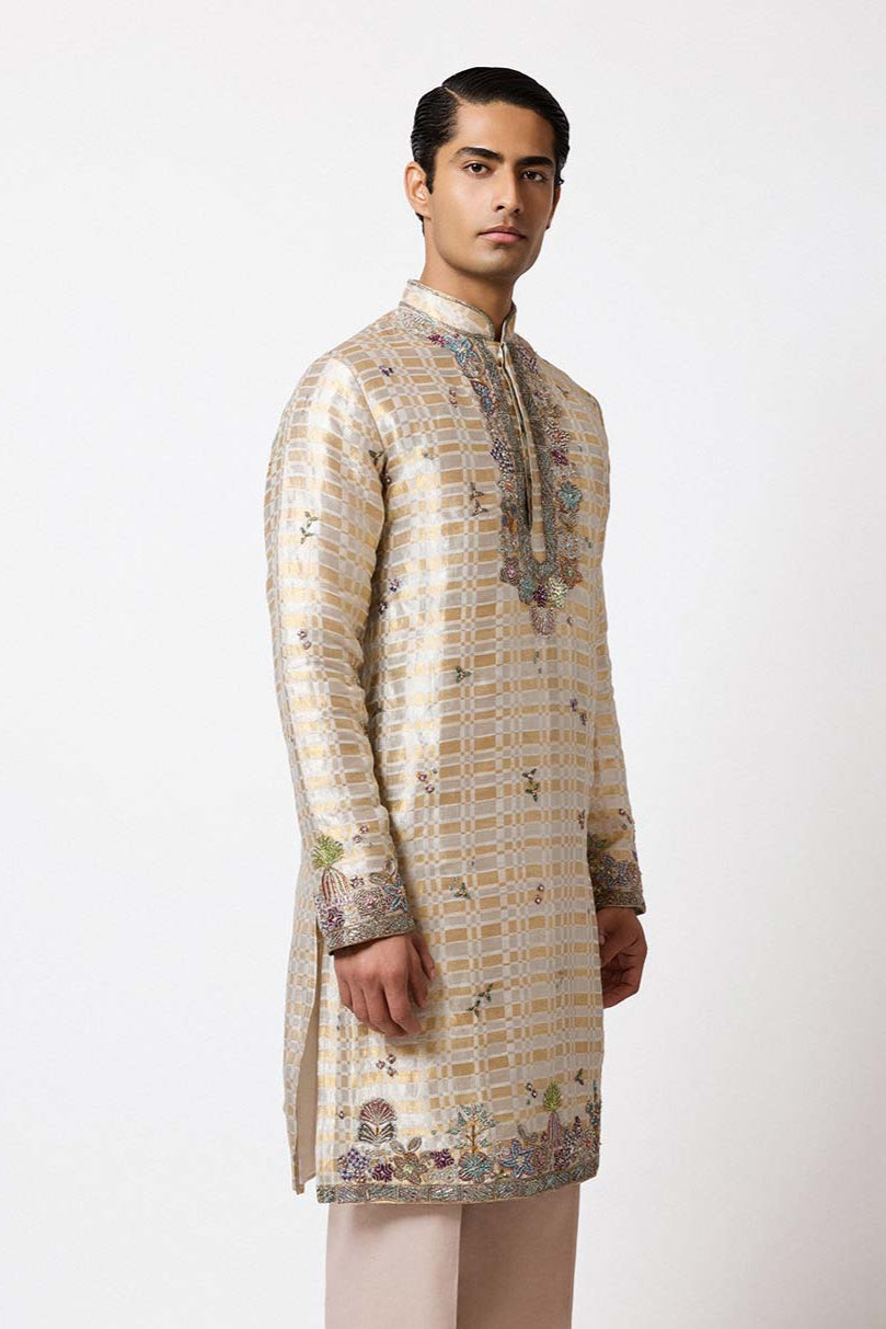 Woman wearing Aisha Rao Matilda Ivory - Gold Applique Embellished Banarasi Tissue