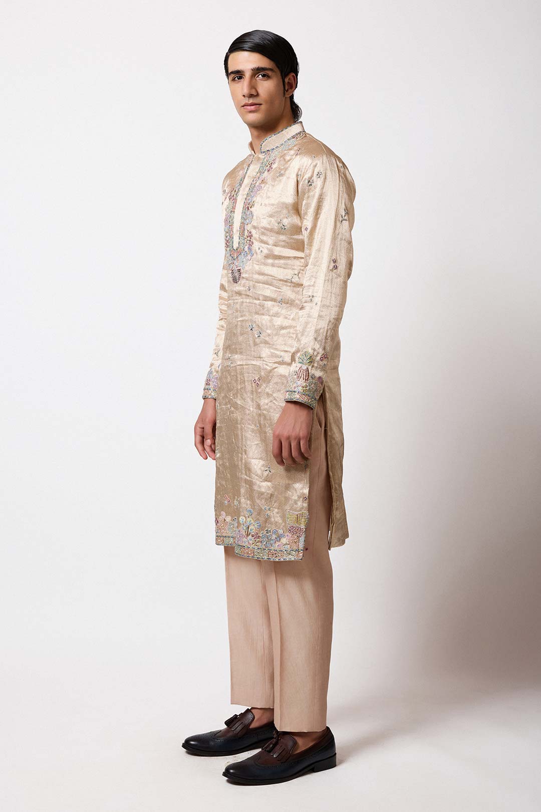 Right side view of ivory gold mens kurta by Aisha Rao