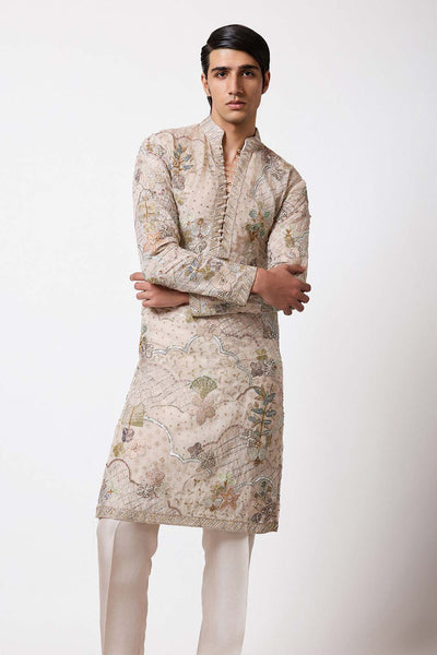 Close-up of ivory kurta neckline and applique embroidery