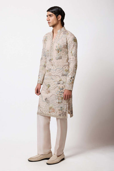 Right side view of Aisha Rao ivory applique kurta for men