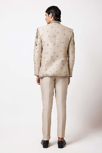 Rear view of pastel ivory bandhgala by Aisha Rao