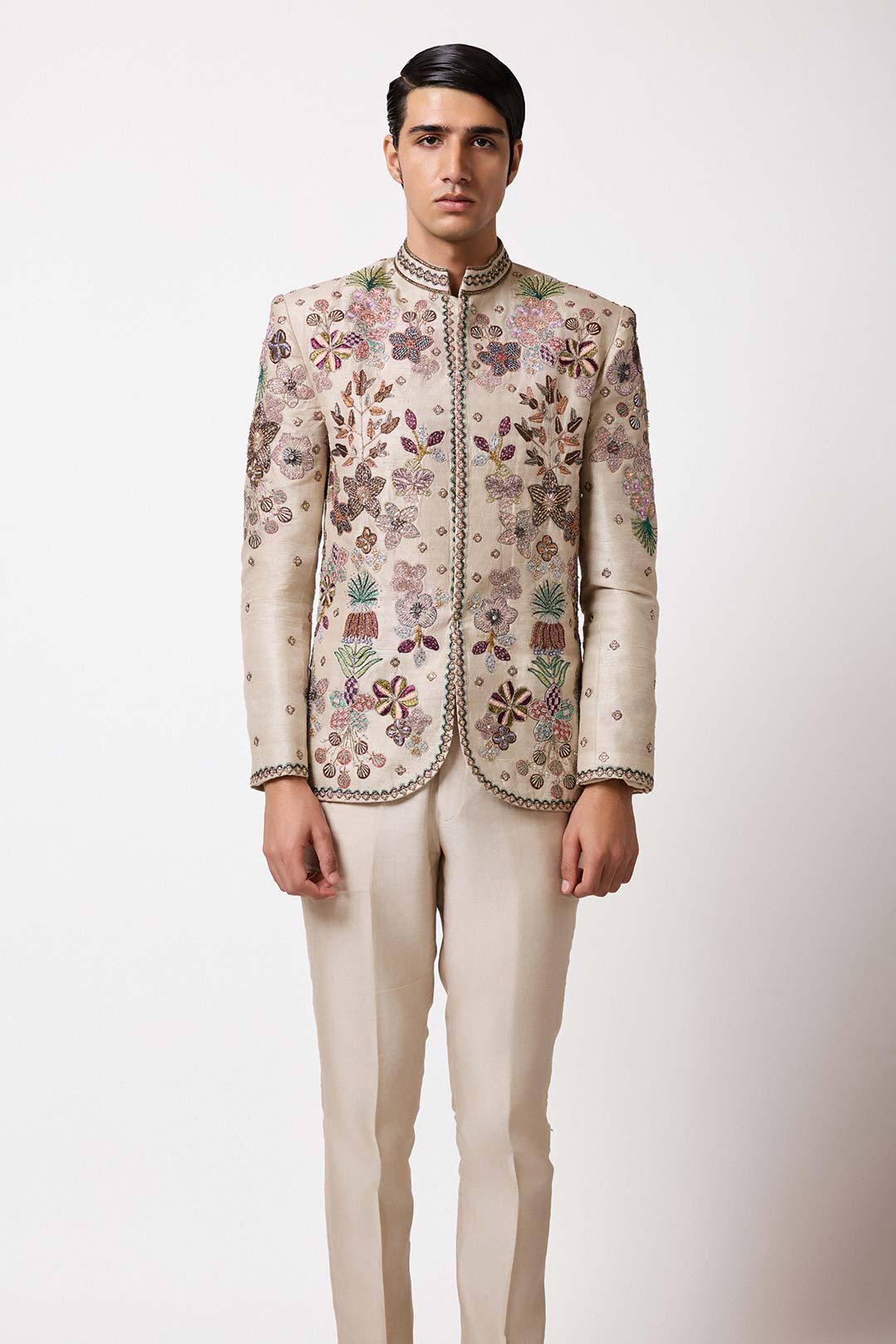 Front close-up of raw silk texture and button design