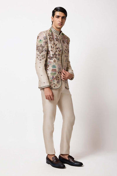 Left side view of pastel ivory bandhgala by Aisha Rao