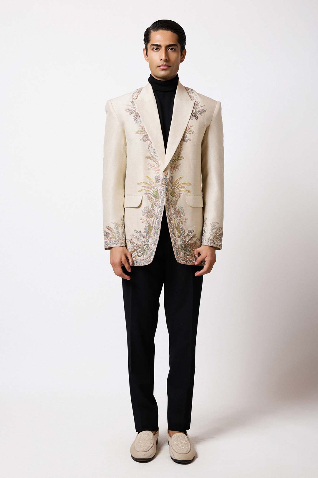 Full look of the ivory raw silk blazer styled with coordinated separates.