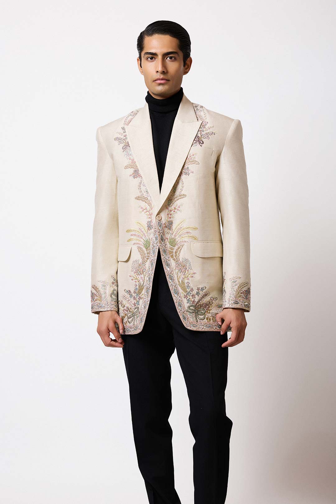 Elric - Ivory Applique Raw Silk Blazer
