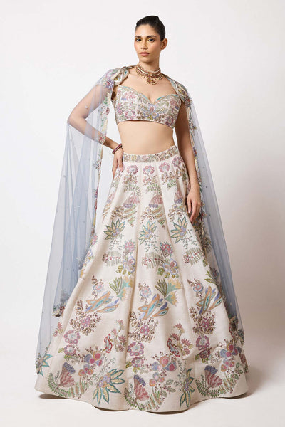 Woman wearing Aisha Rao Ivory Applique Embellished Raw Silk Vb Lehenga With Blouse