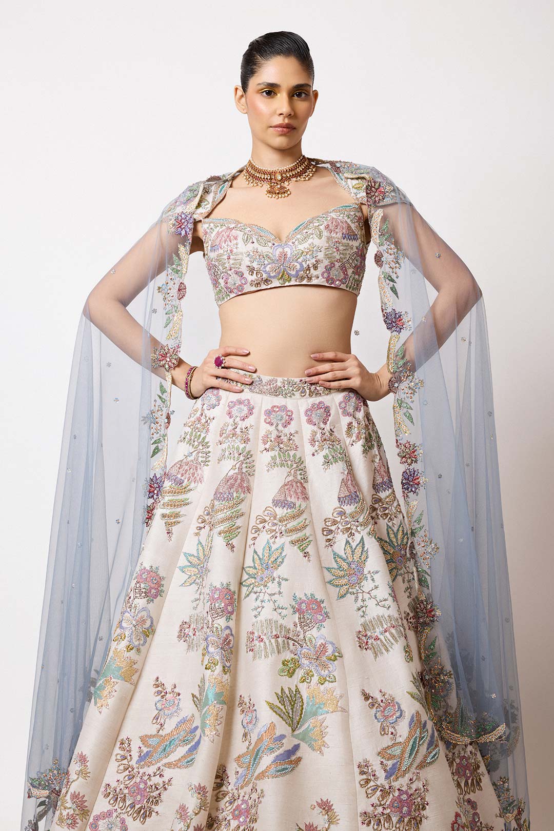 Embellished neckline and dupatta detail close-up front