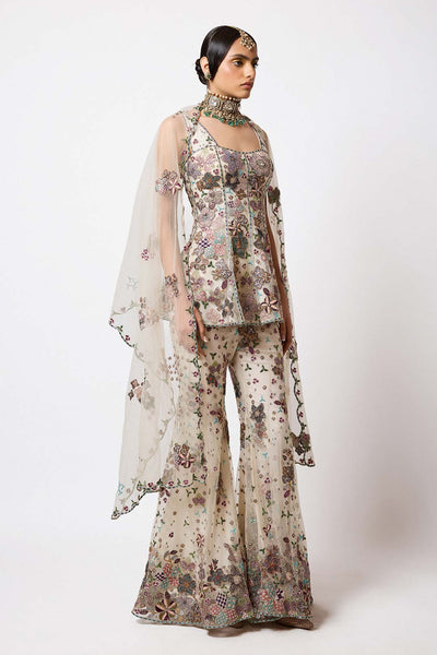 Light ivory panelled short kurta right profile full look