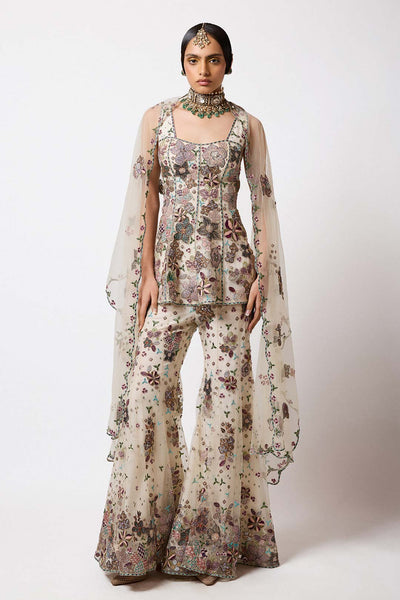 Woman wearing Aisha Rao Matilda Light Ivory Applique Embellished Net Short Panelled