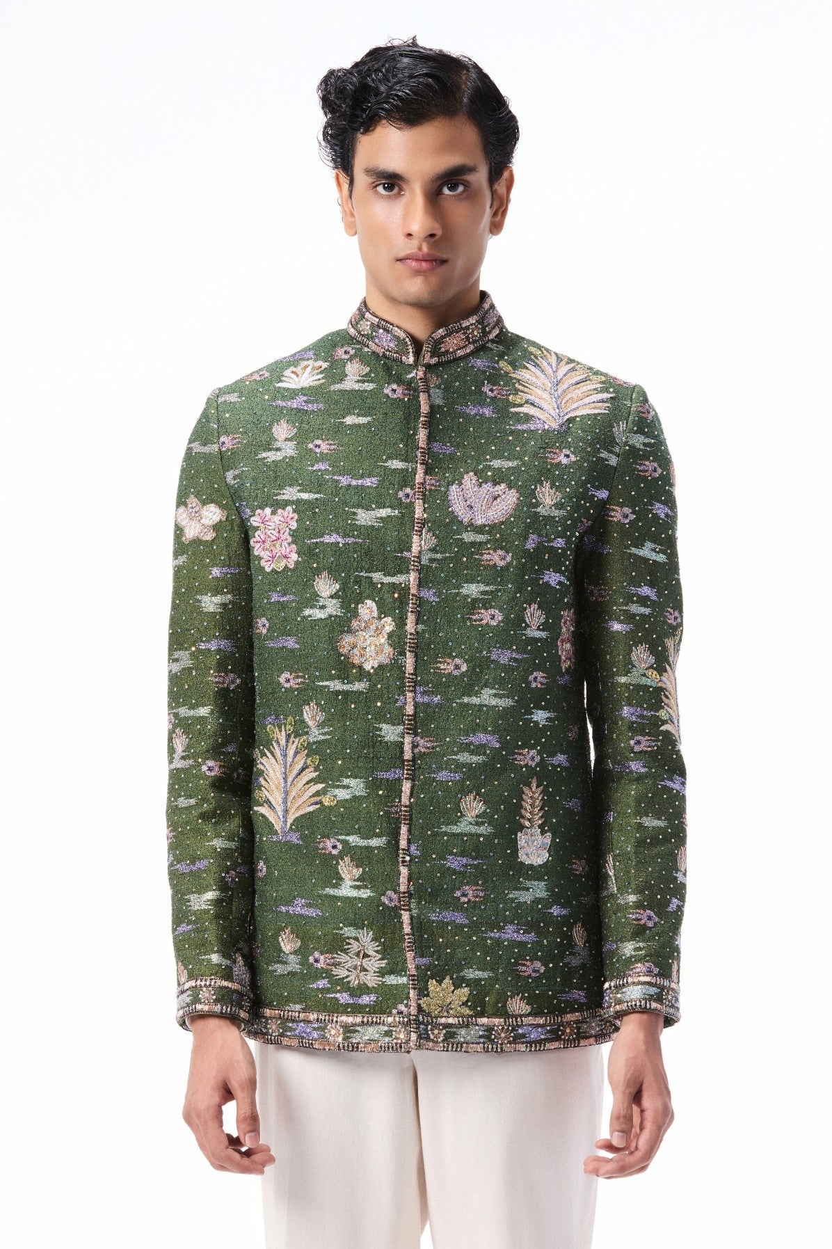 Thornkiss - lush green raw silk bandhgala