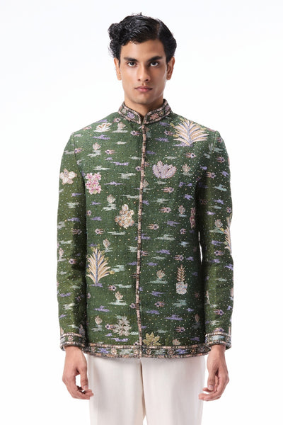 Thornkiss - lush green raw silk bandhgala