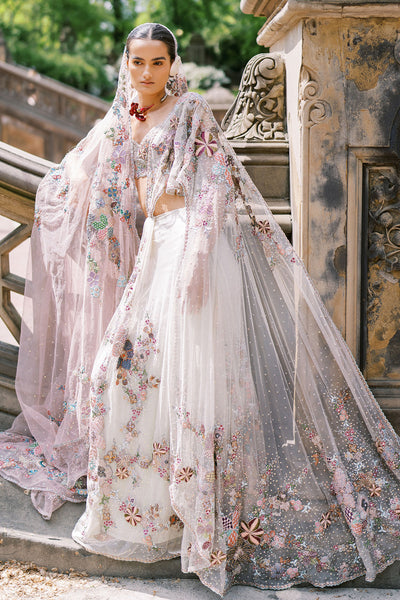 Detail of ivory-pink ombre lehenga, front neckline view

