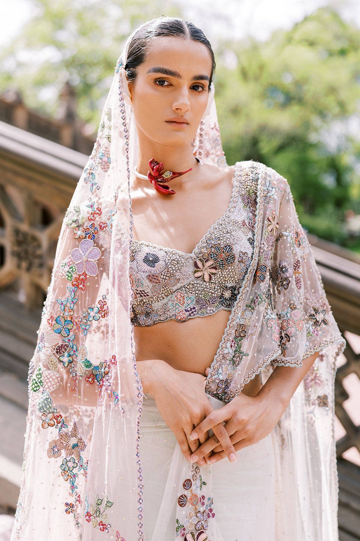 Aisha Rao ombre applique tulle saree front close-up view