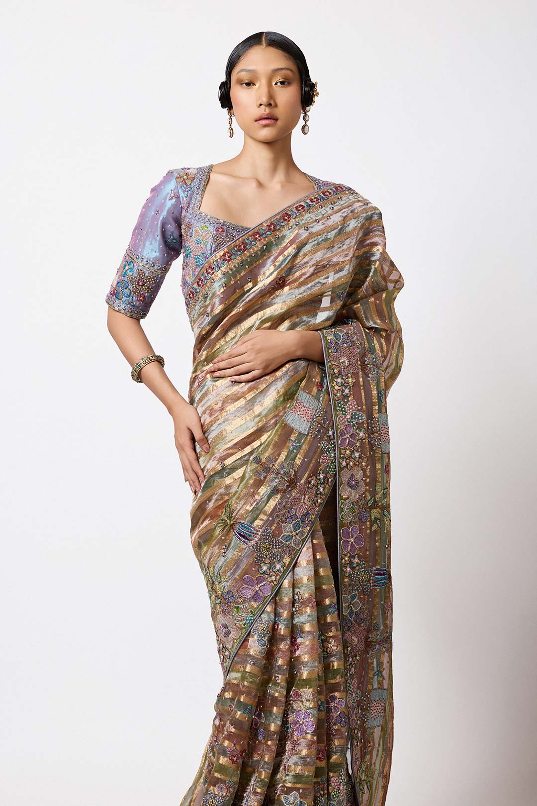 Multicolour tissue saree with embellishment front view