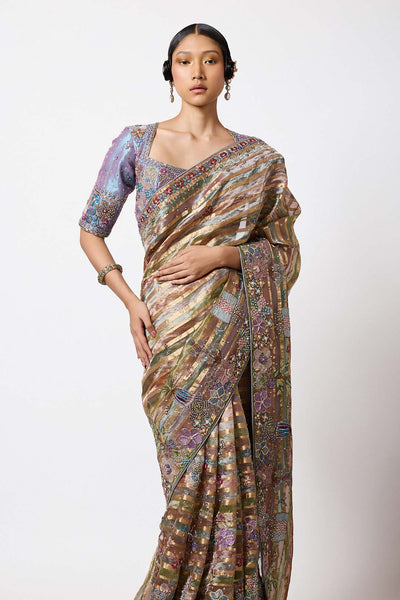 Multicolour tissue saree with embellishment front view