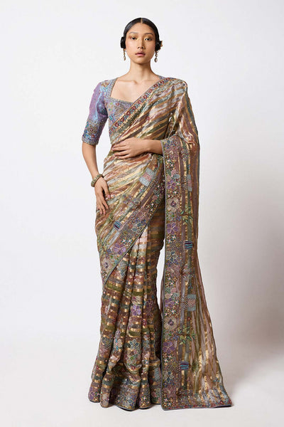 Woman wearing Aisha Rao Mbellished Multicolour Banarasi Tissue Brocade Saree With