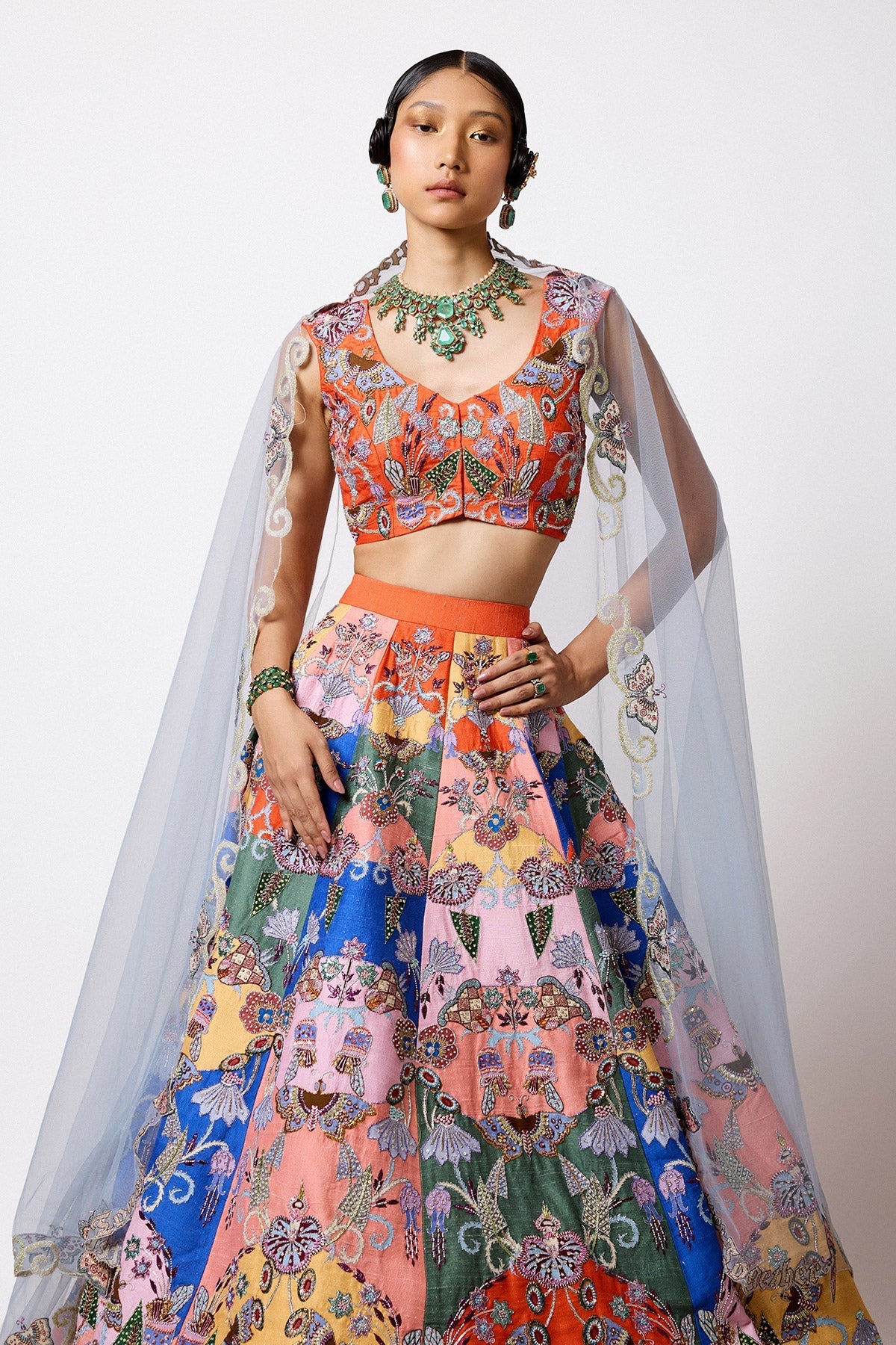 Woman wearing Aisha Rao multicolour printed lehenga
