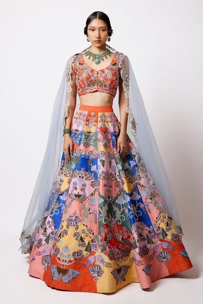 Woman wearing Aisha Rao Multicolour Printed Embellished Kasab Satin block Lehenga