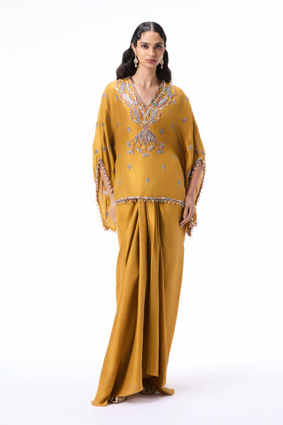 Full look of the Wild At Heart mustard dupion silk set featuring an embellished short kurta and draped skirt.