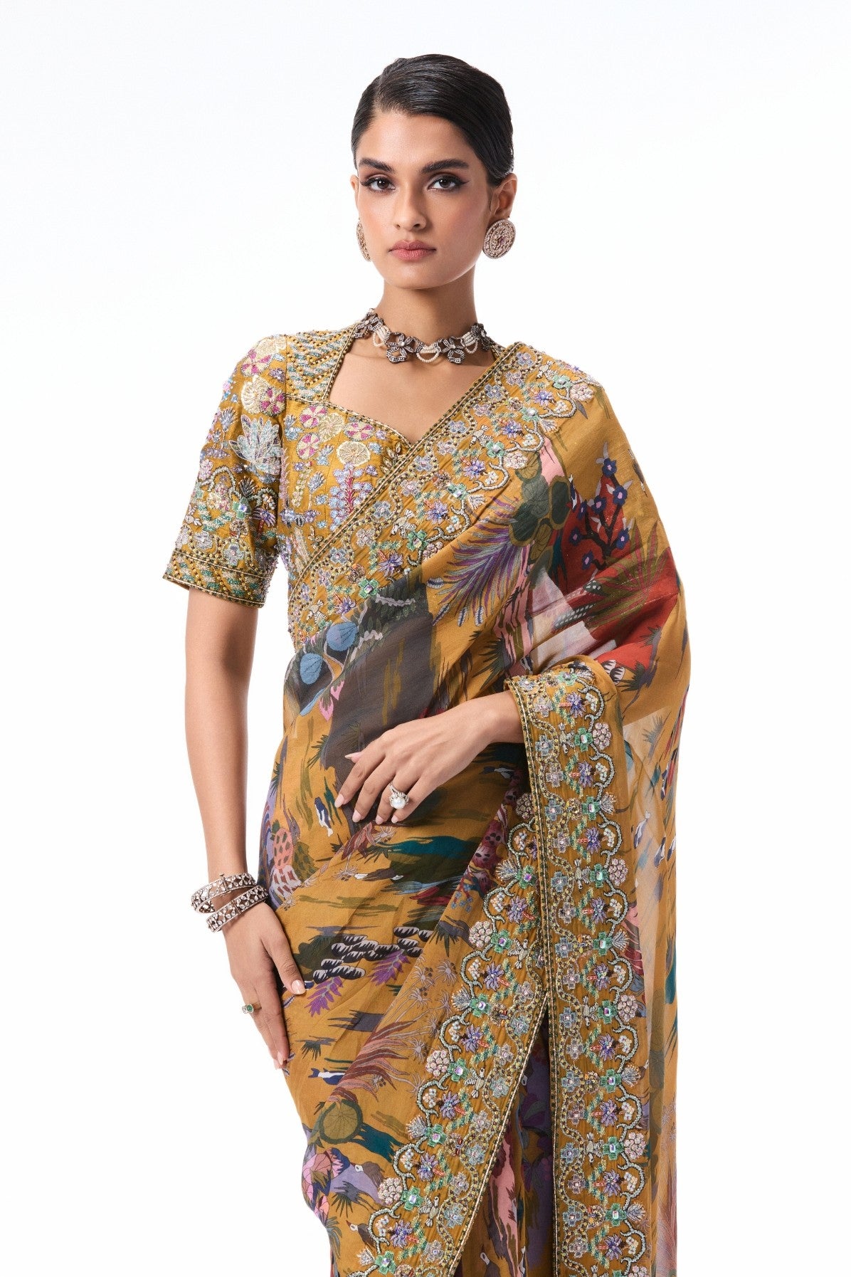 Bloomthyst - mustard printed viscose organza saree