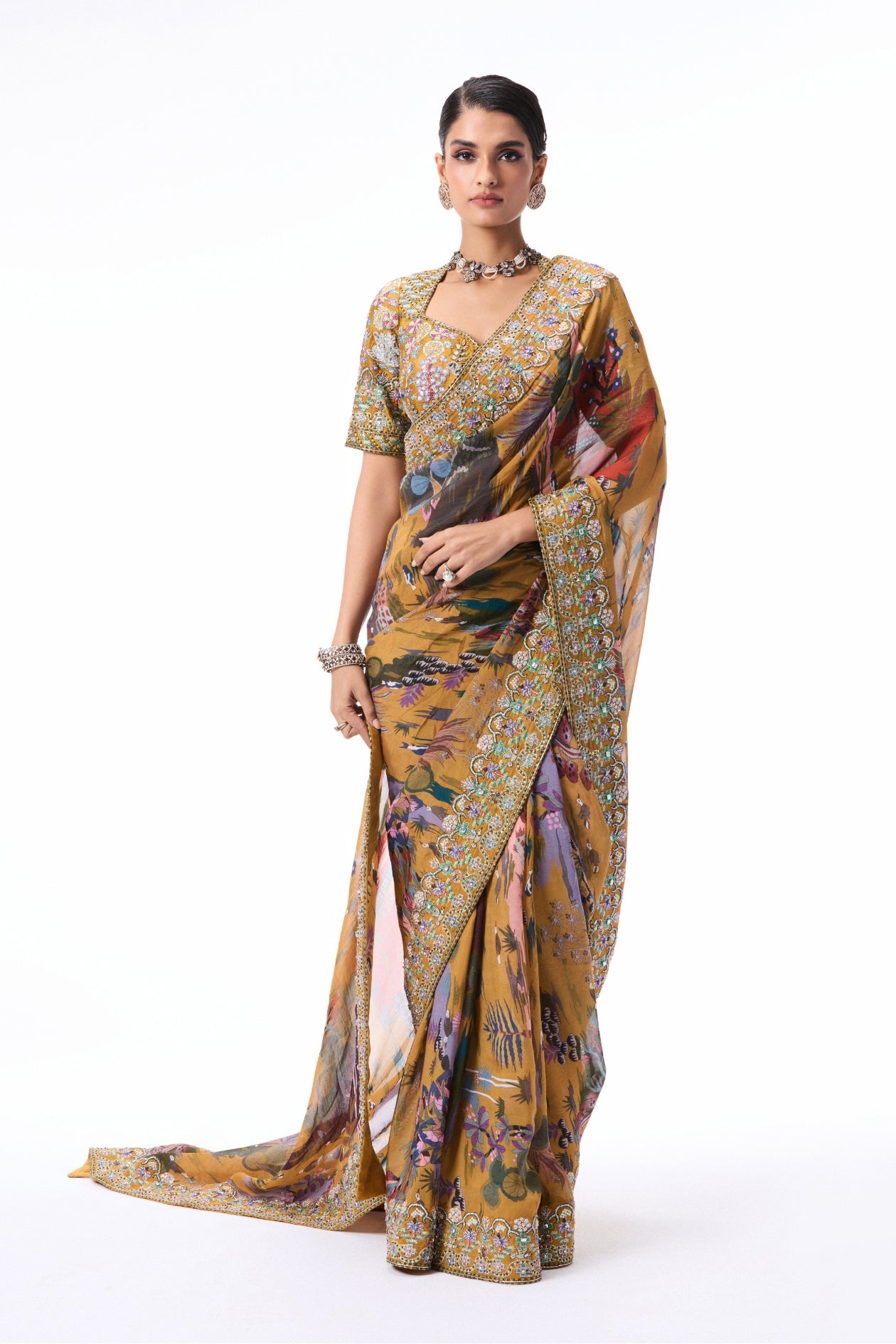 Bloomthyst - mustard printed viscose organza saree