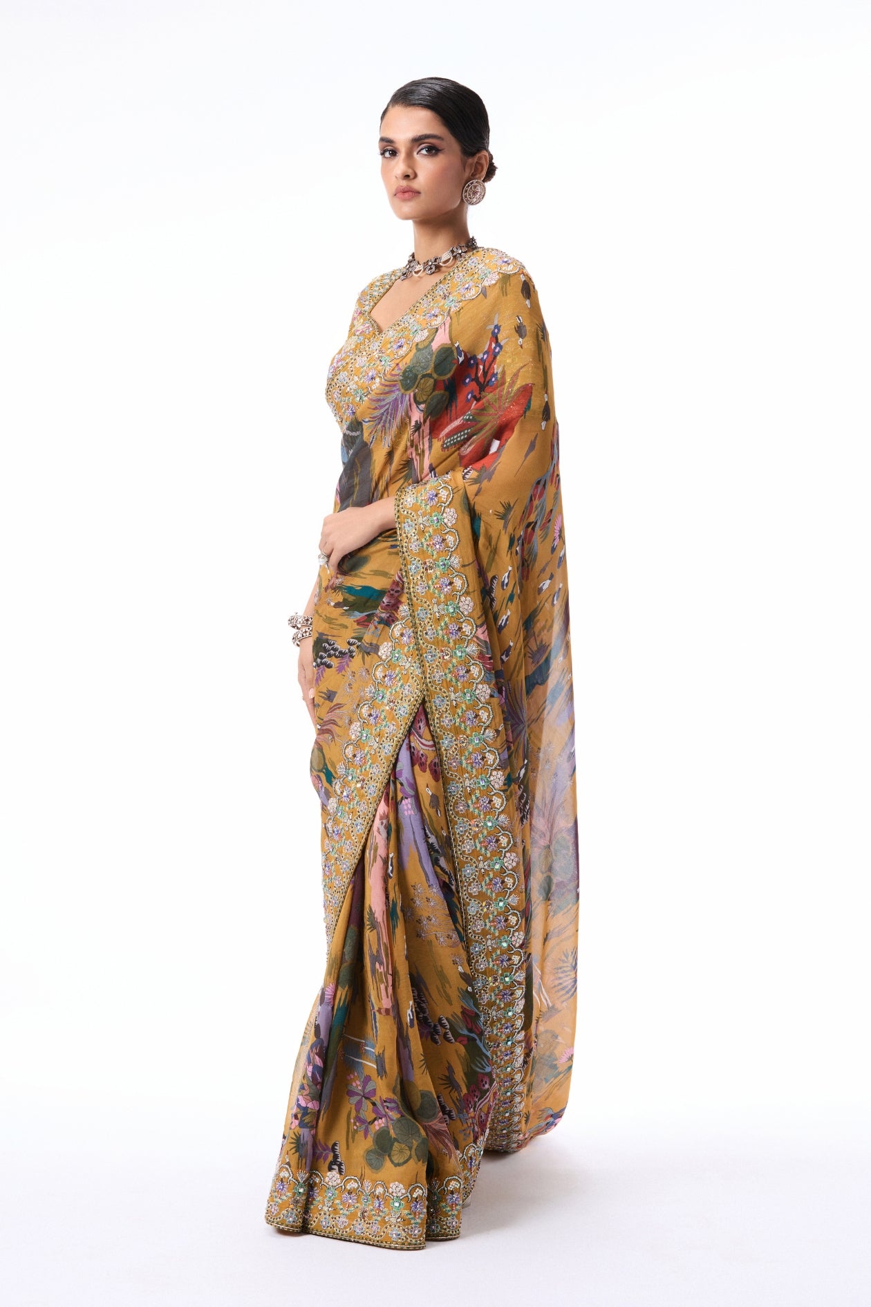 Bloomthyst - mustard printed viscose organza saree