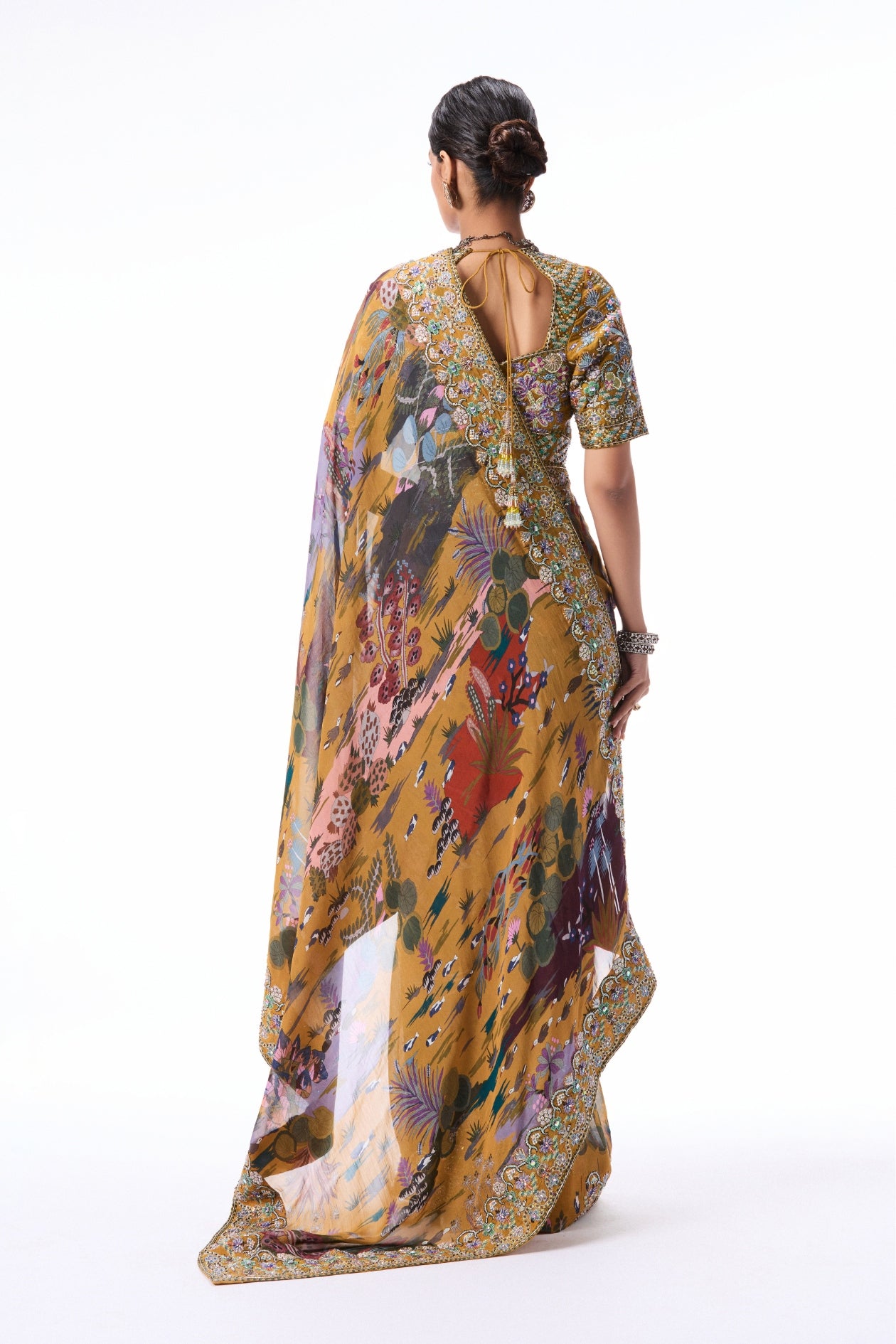 Bloomthyst - mustard printed viscose organza saree