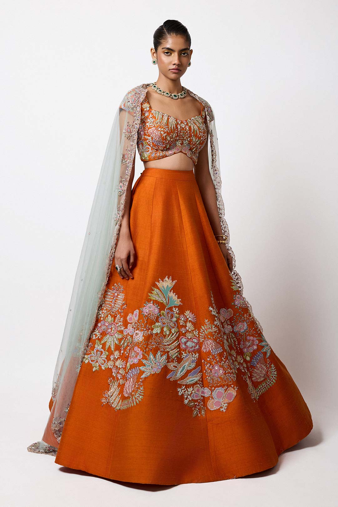 Aisha Rao MK lehenga with applique blouse front profile