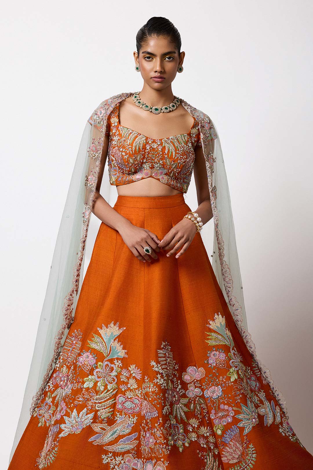 Embellished raw silk lehenga and blouse front detail