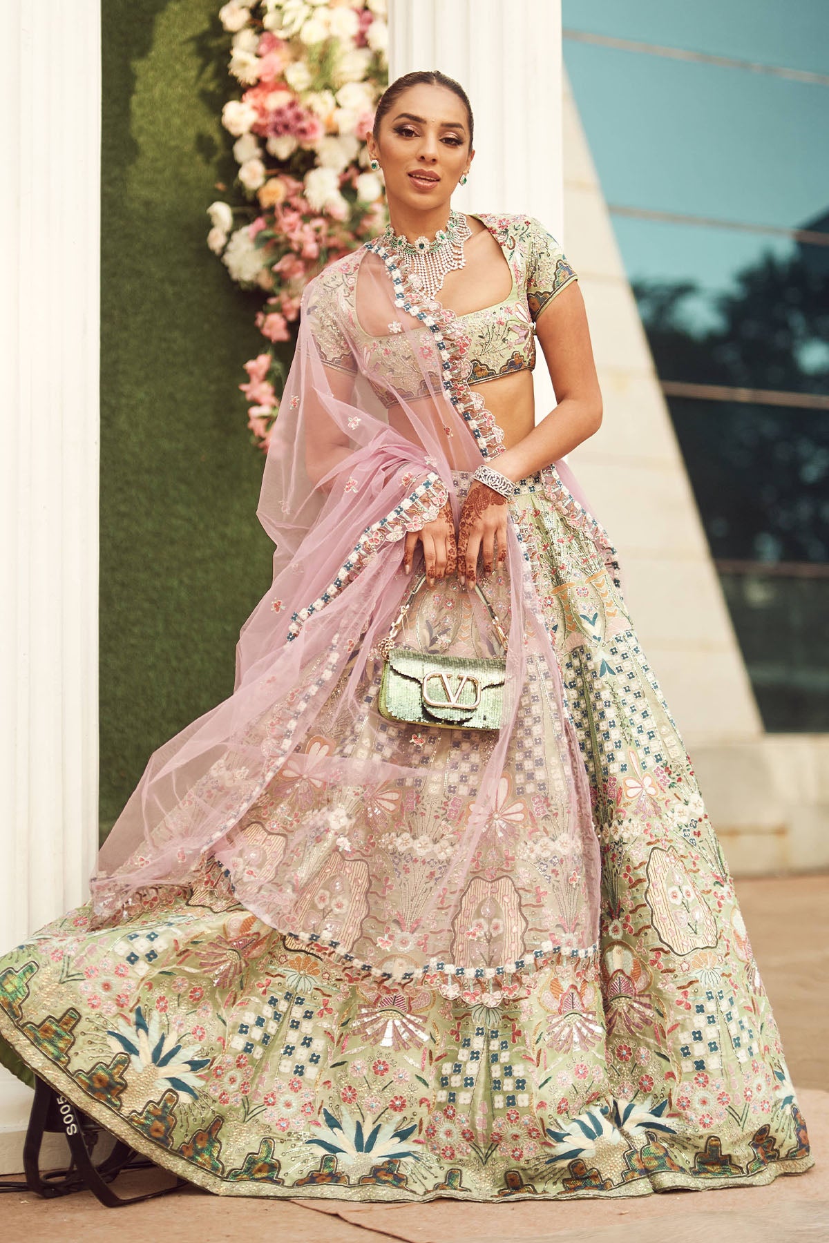 Front view of Multicoloured Olivine tissue lehenga set