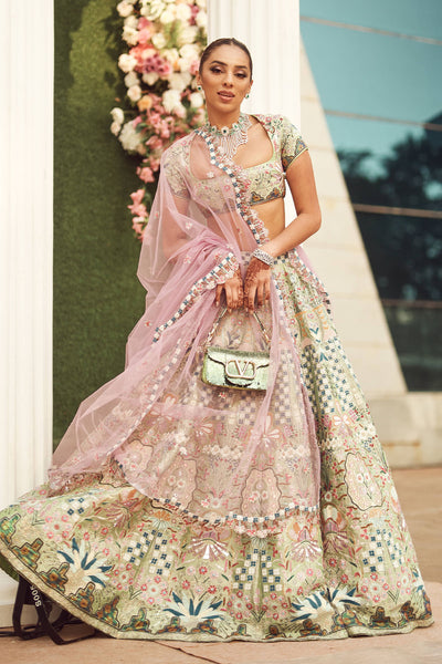 Front view of Multicoloured Olivine tissue lehenga set