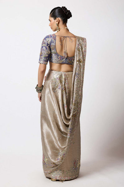 Pewter metallic embroidery and brocade detail close-up