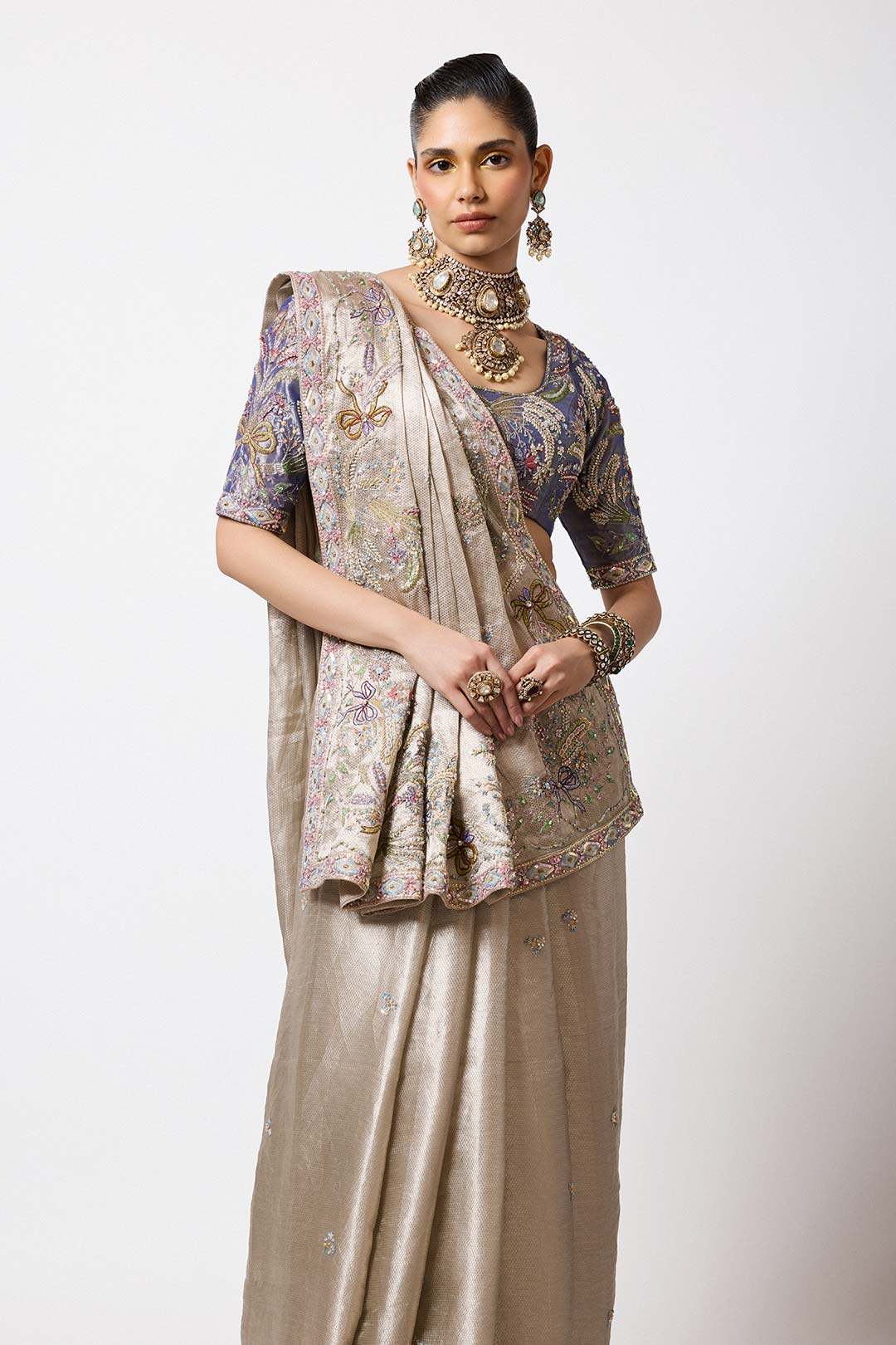 Woman in applique detailed pewter Banarasi side profile