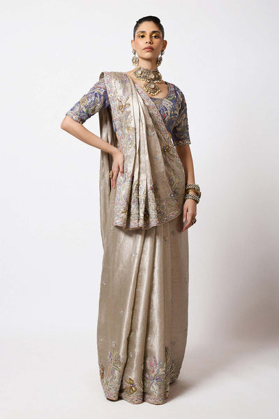 Woman wearing Aisha Rao Matilda Metallic Pewter Applique Embellished Banarasi