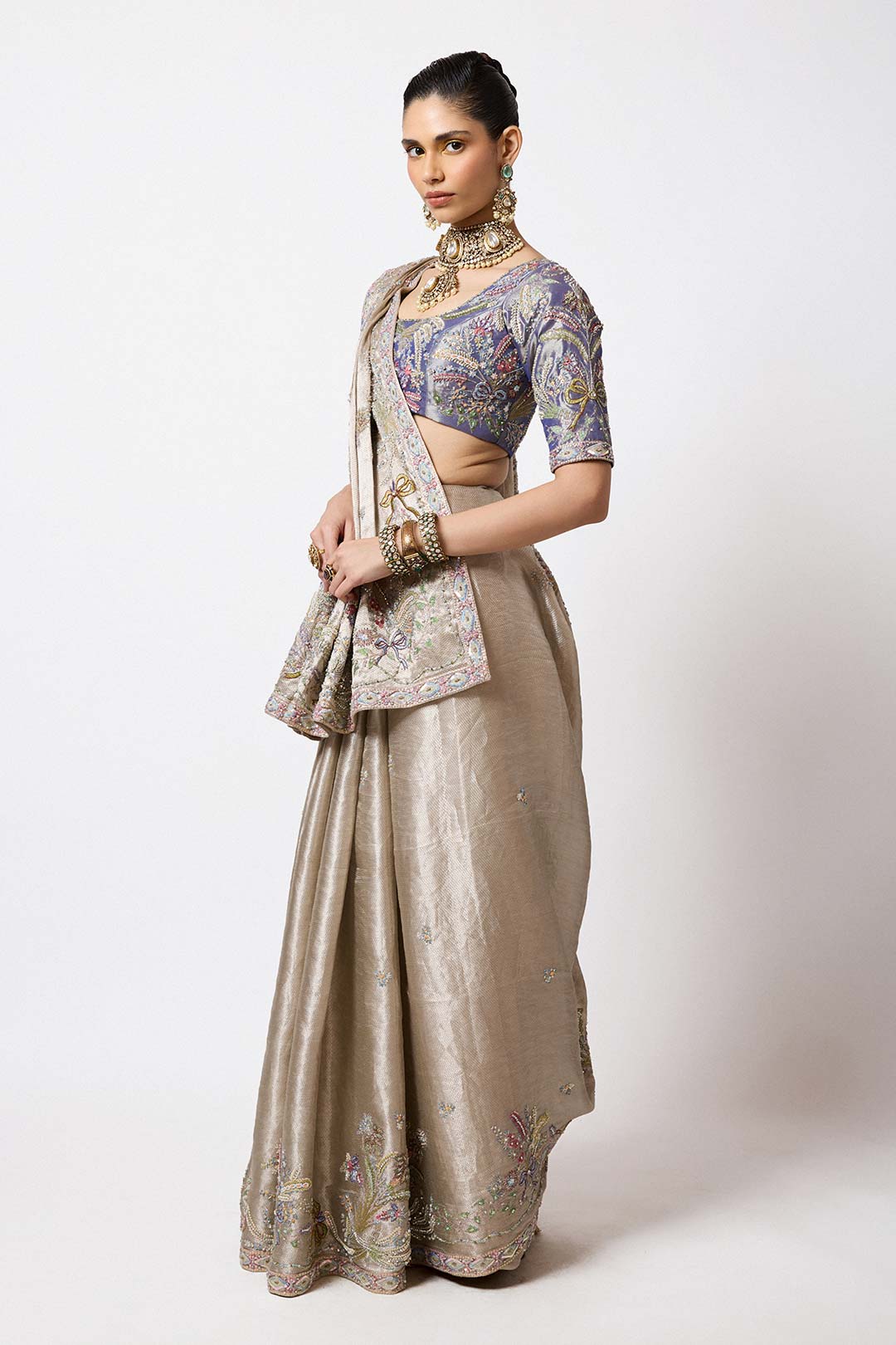 Metallic pewter applique embellished Banarasi front view