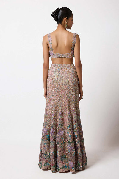 Woman in pink net lehenga with embroidery back view